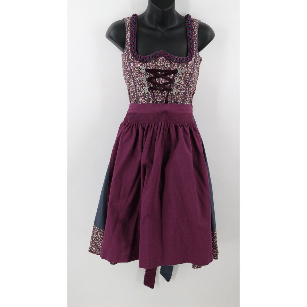 Wiesnkönig Cotton Dirndl Dress Apron Blue Maroon Floral Trachten EU34 XS